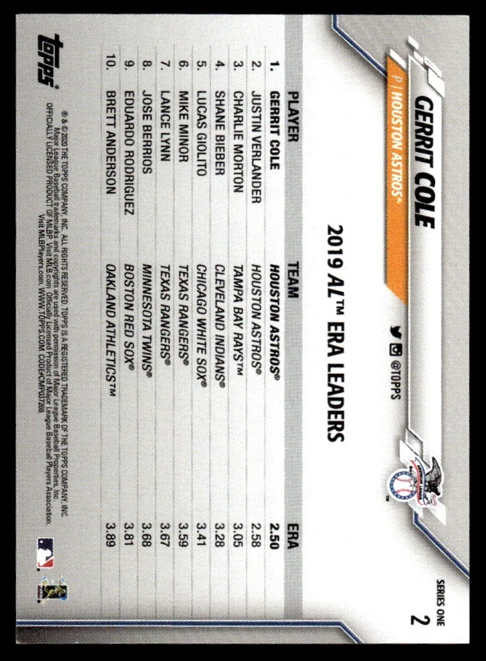 2020 TOPPS MINI PINK /25 Gerrit Cole Houston Astros #2 - Image 2 of 2