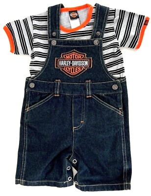 Harley Davidson  Newborn Boys Denim Overalls S/S striped Shirt 2 Piece Kids Set