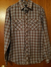 Men's Banana Republic brown navy plaid LS shirt Size medium 15 15 1/2
