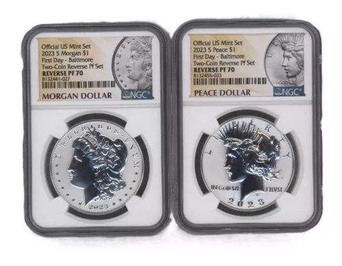 2023 S US 2 Coin Morgan&Peace Silver Dollar-NGC PF70 First Day-Baltimore Show
