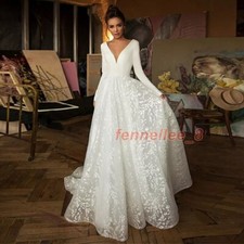Lace Wedding Dresses Long Sleeve V-neck Bridal Gowns Satin Backless Tail Skirts