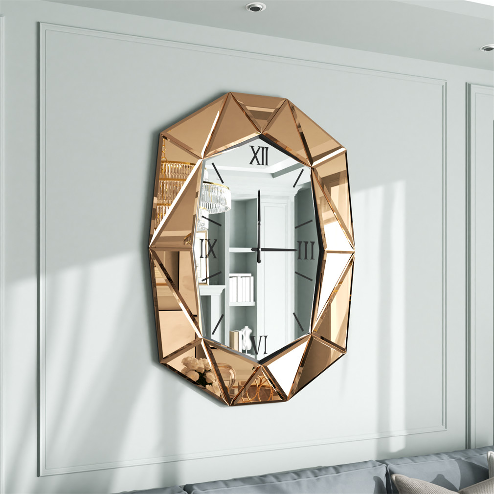 Beveled 3D Mirror Roman Numeral Clock Wall Mirror for Home Fireplace Living Room