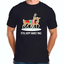 Whimsical Navy Blue Cotton T-Shirt with Cartoon Reindeer in Festive -All-cotton