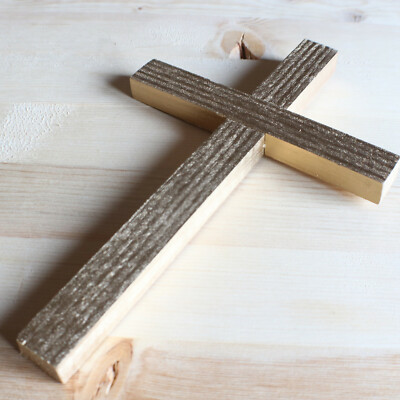 Wall Cross Wood Metallic Gold 8'' Handmade Decor Cruz Catholic Plain Christian