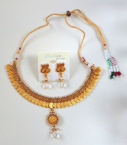 Laxmi Münze Gold indische ethnische Halskette Ohrringe Hochzeit Party Schmuck Set - Bild 1 von 3