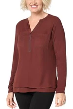 Joan Rivers Women's Y-Neck Mixed Media Long Slv Top DrkChoc