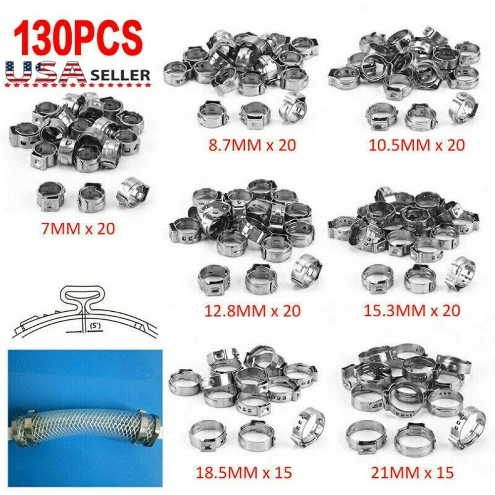 130 PCS Adjustable 7-21mm Hose Clamps 304 Stainless Steel Single Ear Clamp Rings