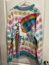 33 Degrees Womens Multicolor Fair Isle Unicorn Rainbow Pullover Sweater Size XL