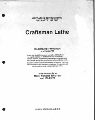 #ad Craftsman 109.20630 109.0703 Lathe Owners Instruction Manual $20.24