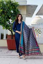NavyBlue Straight Kurta Set With Printed Dupatta for Women, Indian Salwar Kameez