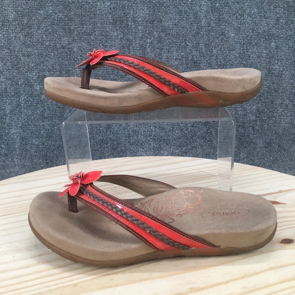 Sandalias Aetrex Mujer 7.5 Chanclas Tanga Naranja Cuero Floral Trenzado Sin Cordones Foto 2 de 4