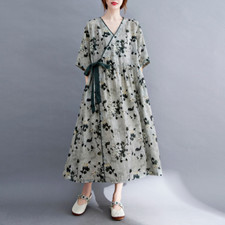 Women Floral Midi Dress Short Sleeve Tie A-Line Cotton Linen Ethnic Swing