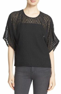 IRO Azade Chiffon Zigzag Texture Airy Short Sleeve Black Top FR36 Tunic Sheer