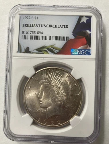 1922 S Peace Silver Dollar $1 NGC BU Brilliant Uncirculated Flag Label