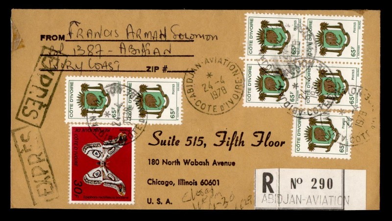 DR WHO 1978 IVORY COAST SPECIAL DELIVERY REGISTERED BUTTERFLY TO USA M81341