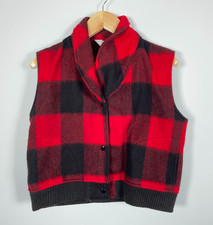 80s Woolrich Wool Vest Women's Large Red Black Buffalo Plaid Snap Button USA Tag