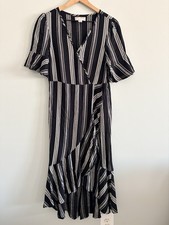 Band of Gypsies Black White Striped Faux Wrap Dress Womens XS Flutter Sleeve