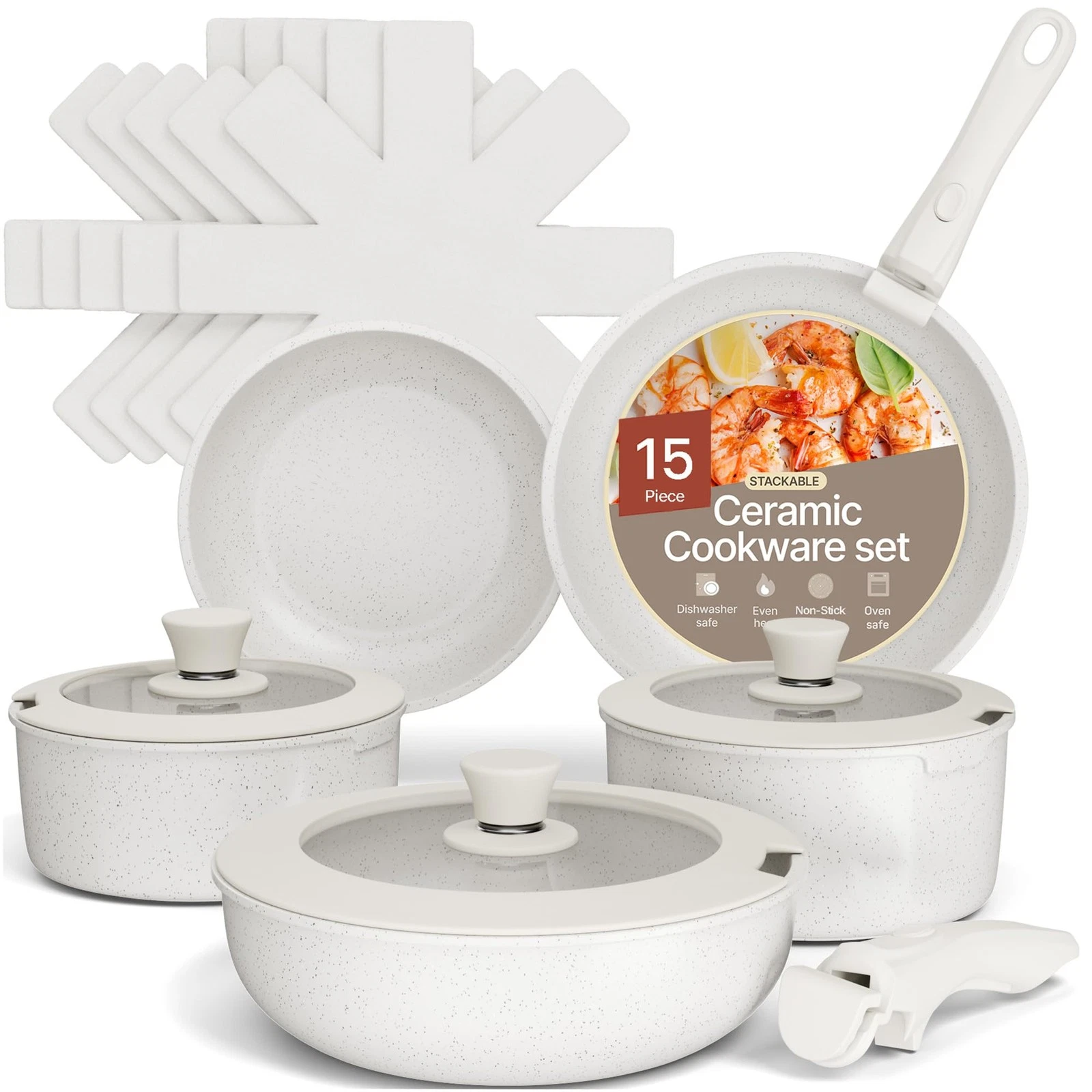 Bakken 15-Piece Non-Stick Cookware Set with Detachable Handles – Granite Stac...