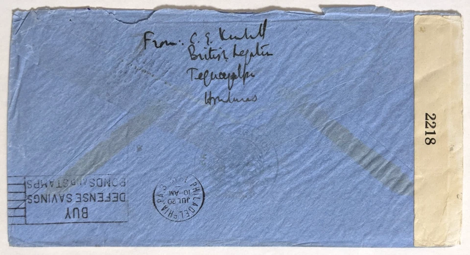 Tegucigalpa, HN--Sra. Grey, Filadelfia, Pensilvania, EE. UU./Británica Legación/Correo Aéreo/Rojo X/7/13/42 Foto 2 de 2