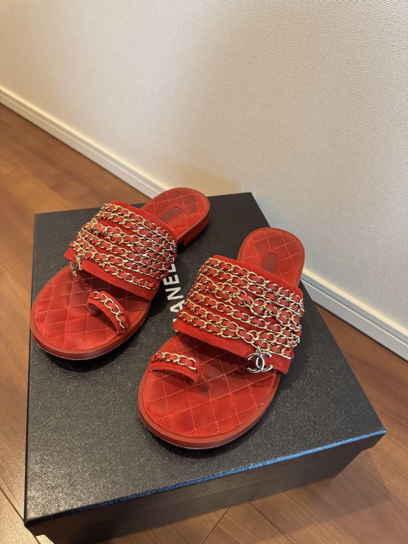 CHANEL Red Suede Chain Slide Sandals Size 37 US 7 Rare Vintage