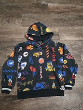 Nike Pullover Hoodie All Over Print Logos Black Sweatshirt Kids 6-7 Years