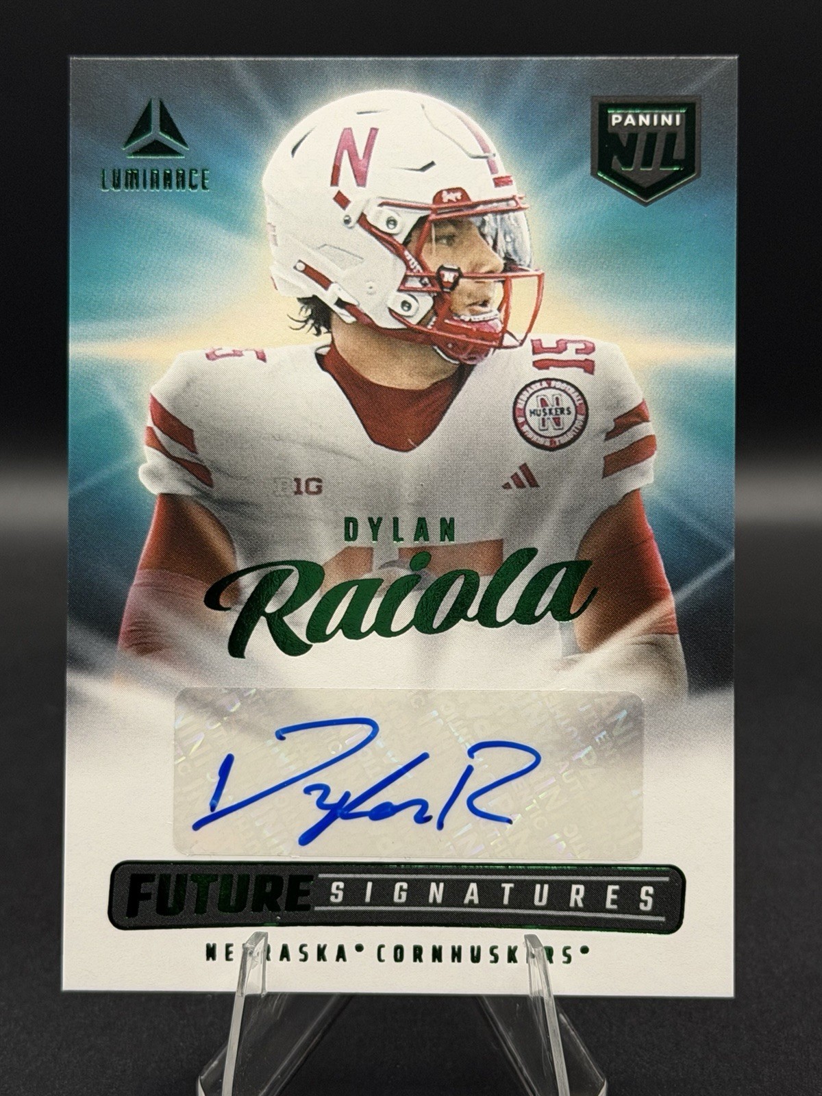 2025 Luminance Dylan Raiola NIL Future Signatures Auto Green Foil Cornhuskers SP
