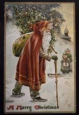 Tuck~Santa Claus~with Walking Stick~ Children~Antique~Christmas Postcard~s659