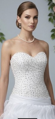 Hochzeit Ballkleid Forever Yours Couture Perlen Kristall Wellenrand weiß Größe 8 UK
