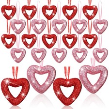 24 Pcs Valentines Heart Ornaments Heart Shaped Decorations Red Pink Glitter R...
