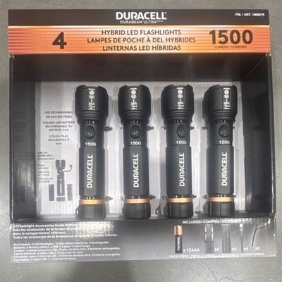 Duracell Hybrid LED Flashlights 4-Pack, 1500 Lumens, Portable Black, AAA Battery