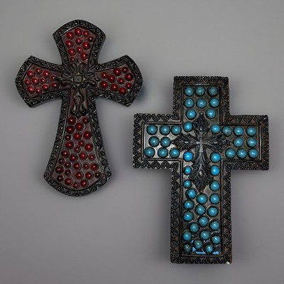 Kirkland's Wall Crosses Set of 2 Red & Turquoise Beaded Rustic