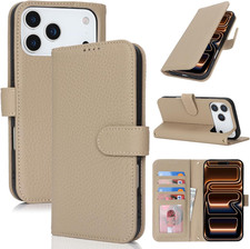 Case for Iphone 17 Pro Max Genuine Leather Wallet Case with 4 Card Slot, RFID Bl