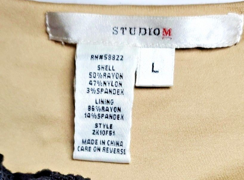 Studio M Black Lace Bodycon Dress – Nude Lining, Asymmetrical Scoop Neck, Size L