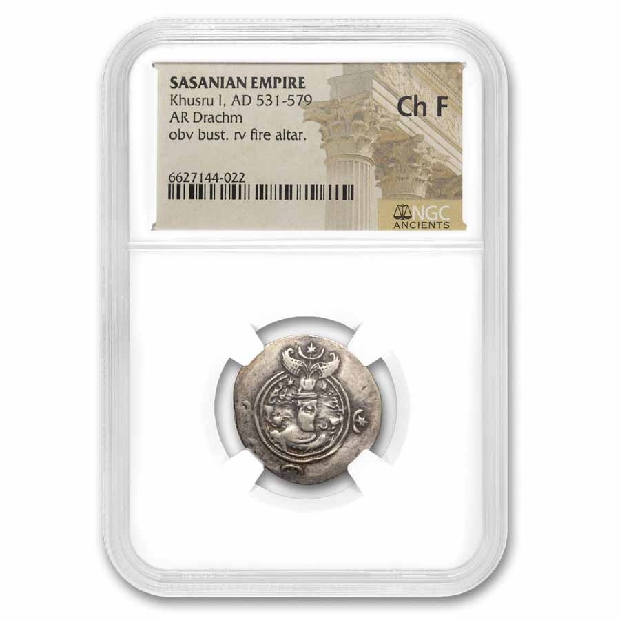 Sasanian Empire AR Drachm King Khusru I (531-579 AD) Ch Fine NGC