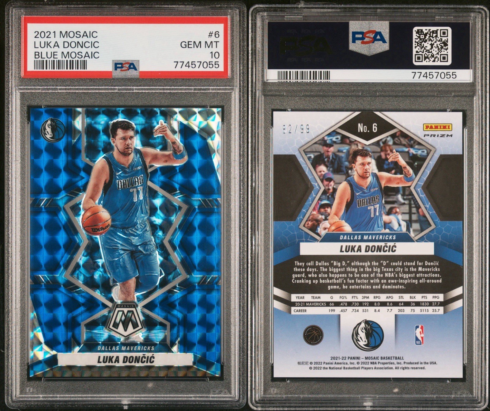 2021 Panini Mosaic Luka Doncic #6 Blue Mosaic /99 PSA 10 view 3