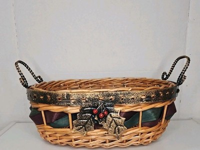 Christmas Vintage Wicker Basket W Metal Trim, Handles. & Mistle Toe Large Rustic
