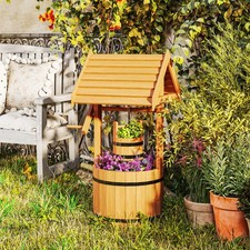 Wishing Well Outdoor Wood Planter with Bucket, Orange