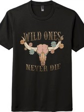 Image of Wild Ones Never Die Western Cow Skull Graphic T-Shirt, Boho Floral Casual Tee