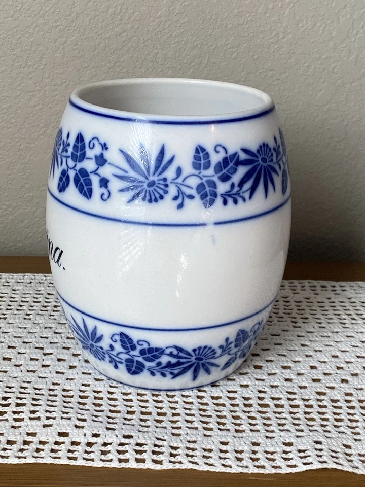 Antiguo tarro Farina de loza alemana azul/blanco del siglo XVIII - Impresionado/Marcado Foto 2 de 4