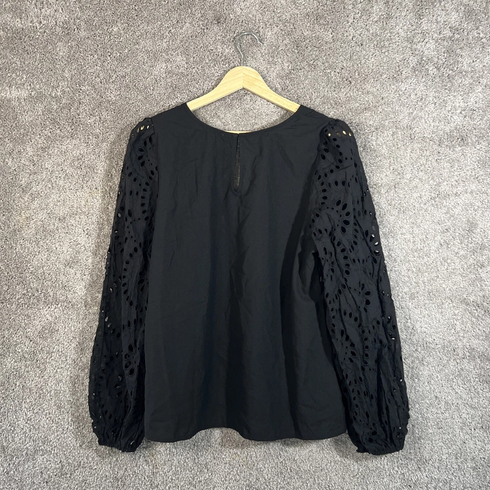 Camisa exuberante para mujer grande negra cuello redondo ojales manga larga puntada fija Top Foto 2 de 4