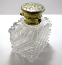 Large Victorian Antique Sterling Silver Lid Glass Inkwell Pot Perfume Jar Bottle