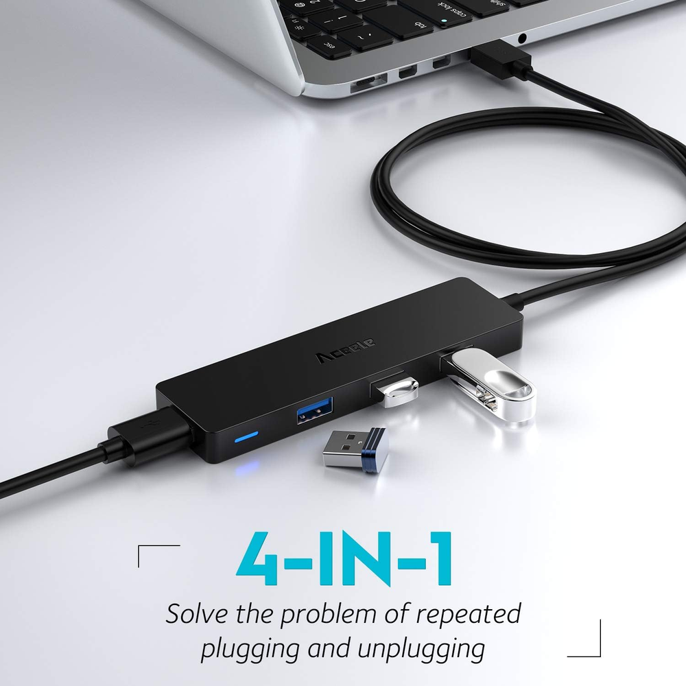 Aceele 4-Port USB 3.0 Hub with 4Ft Extension Cable for Ultra-Slim Laptops & Devices