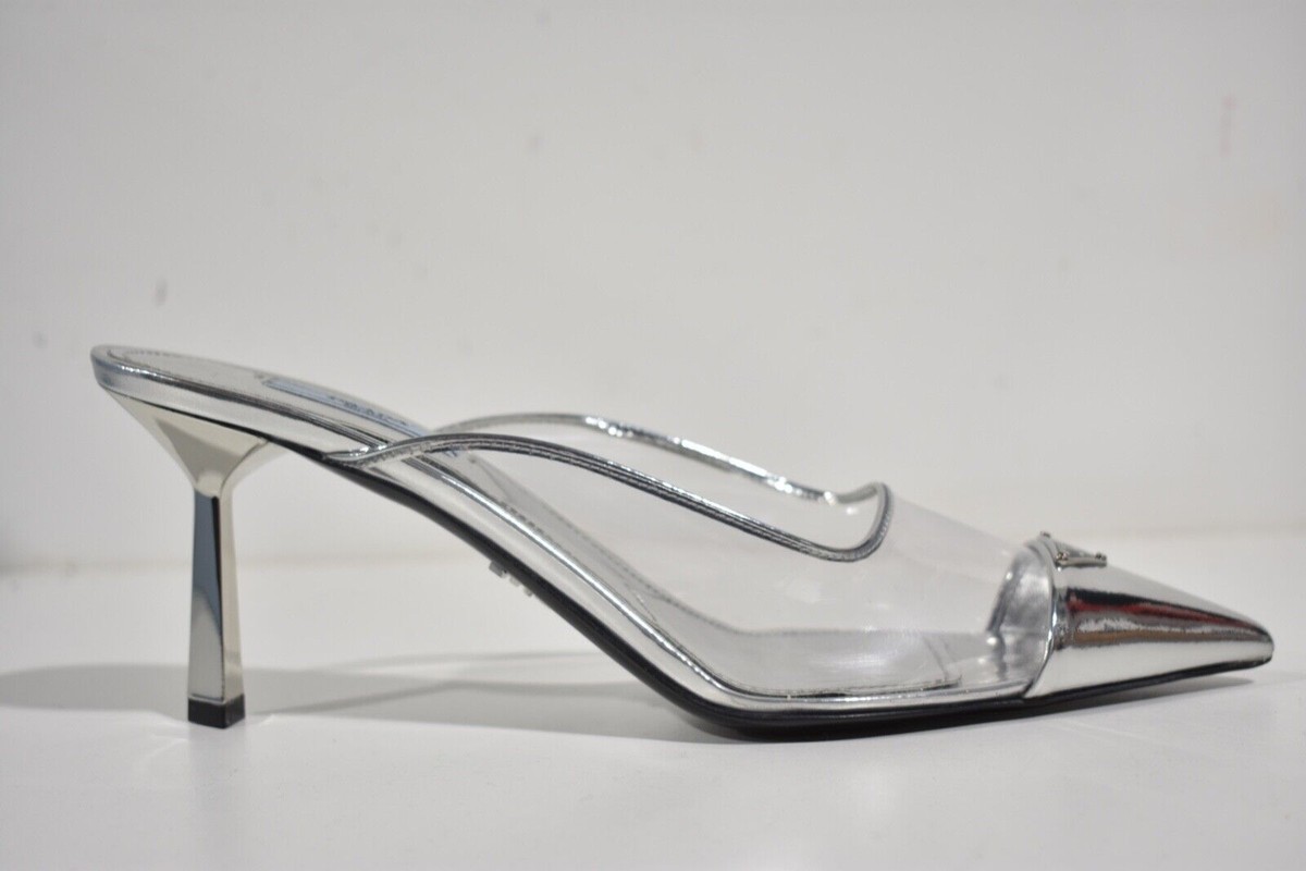 Prada Modellerie Clear PVC Silver Backless Pointed Sandal Mule