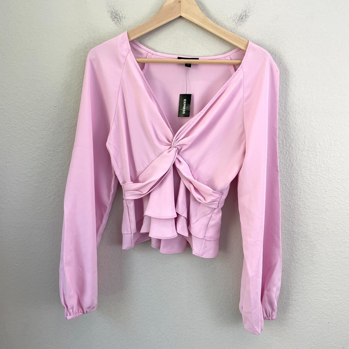 NEW EXPRESS Womens Small Pink V Neck Blouse Long Sleeve Shirt Top