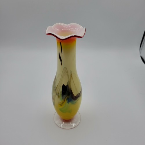 Vtg Chinese Dalian Glass Company ‘Snowflakes’ Vase Crimped Ruffled Top - Picture 5 of 11