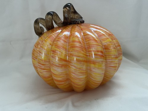 8''D Multi Striped Glass Pumpkin Art Sculpture Halloween Harvest Decor - Picture 3 of 7
