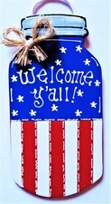 Americana MASON JAR Welcome Y'all SIGN Wall Art Door Porch 4th July Plaque Decor