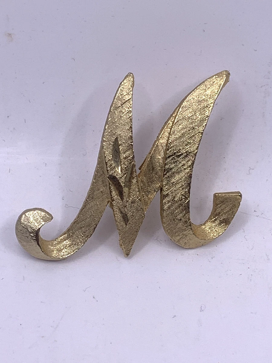 Vintage Mamselle Letter M Brushed Gold Tone Brooch Monogram Initial Script Pin