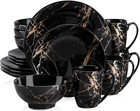 Black Plates and Bowls Sets for 4, Porcelain Dinnerware Sets 16 Piece Gold Splas