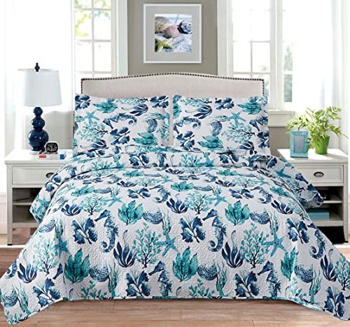 Summer Coastal Quilts Conch Seashell Coverlet Set Twin Size, 3Pcs Lightweight